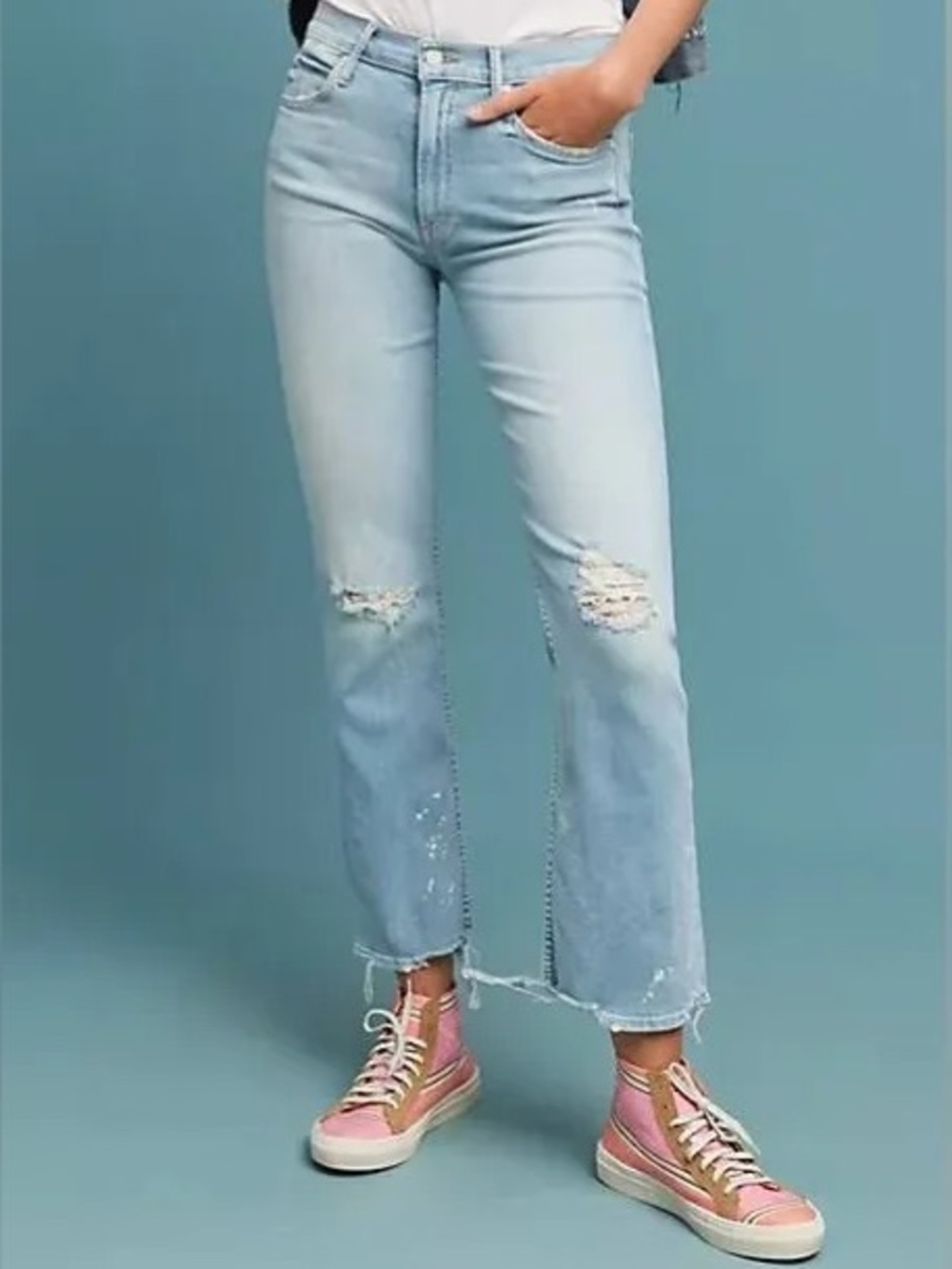 MOTHER The Dutchie Ankle Distressed Crop Flare Jeans 27 Good From The Start